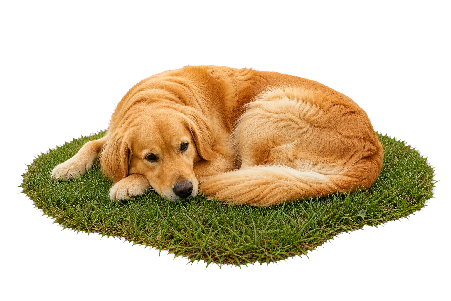 Golden retriever curled up on a small island of grass