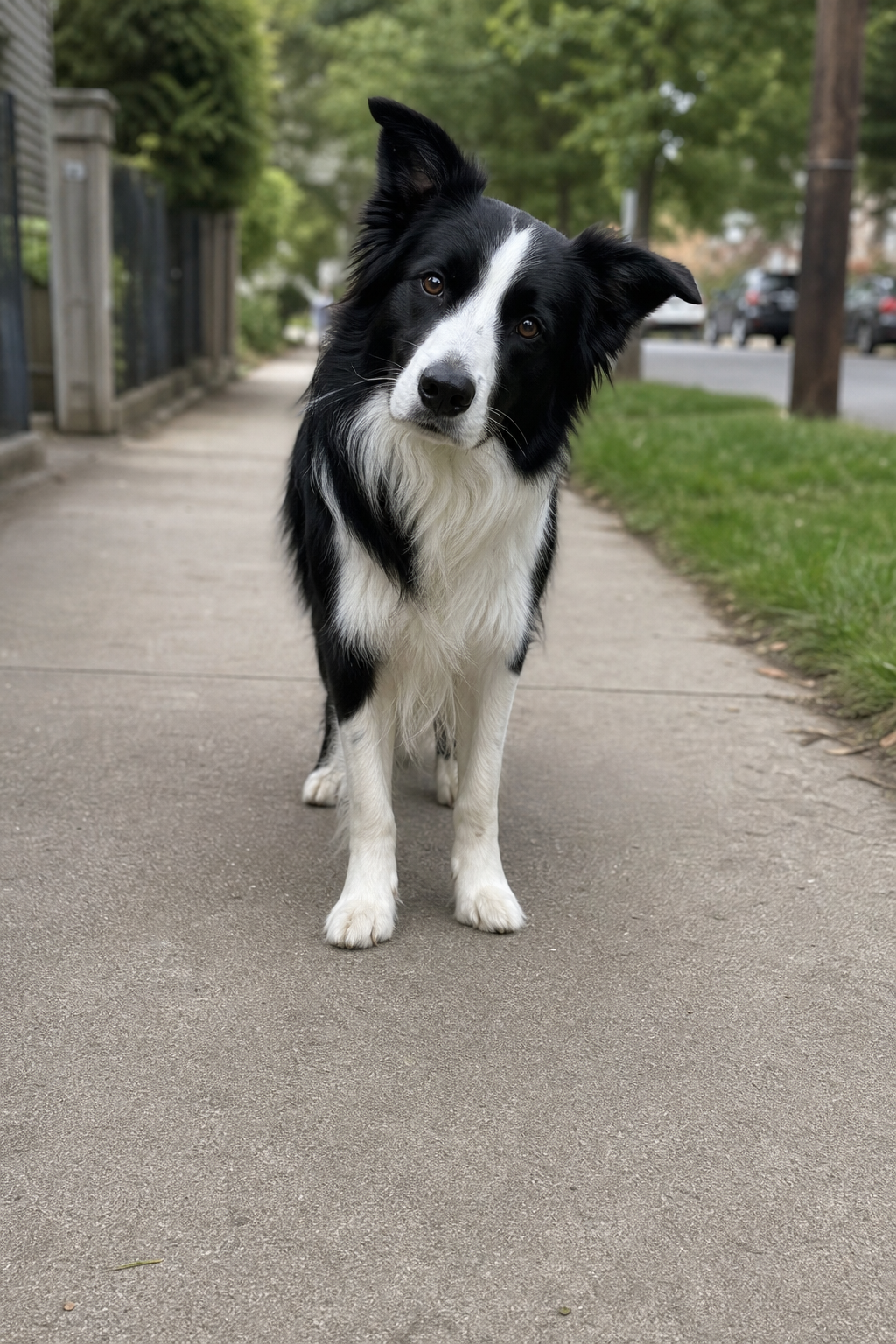 Curious border collie standing on a neighborhood sidewalk